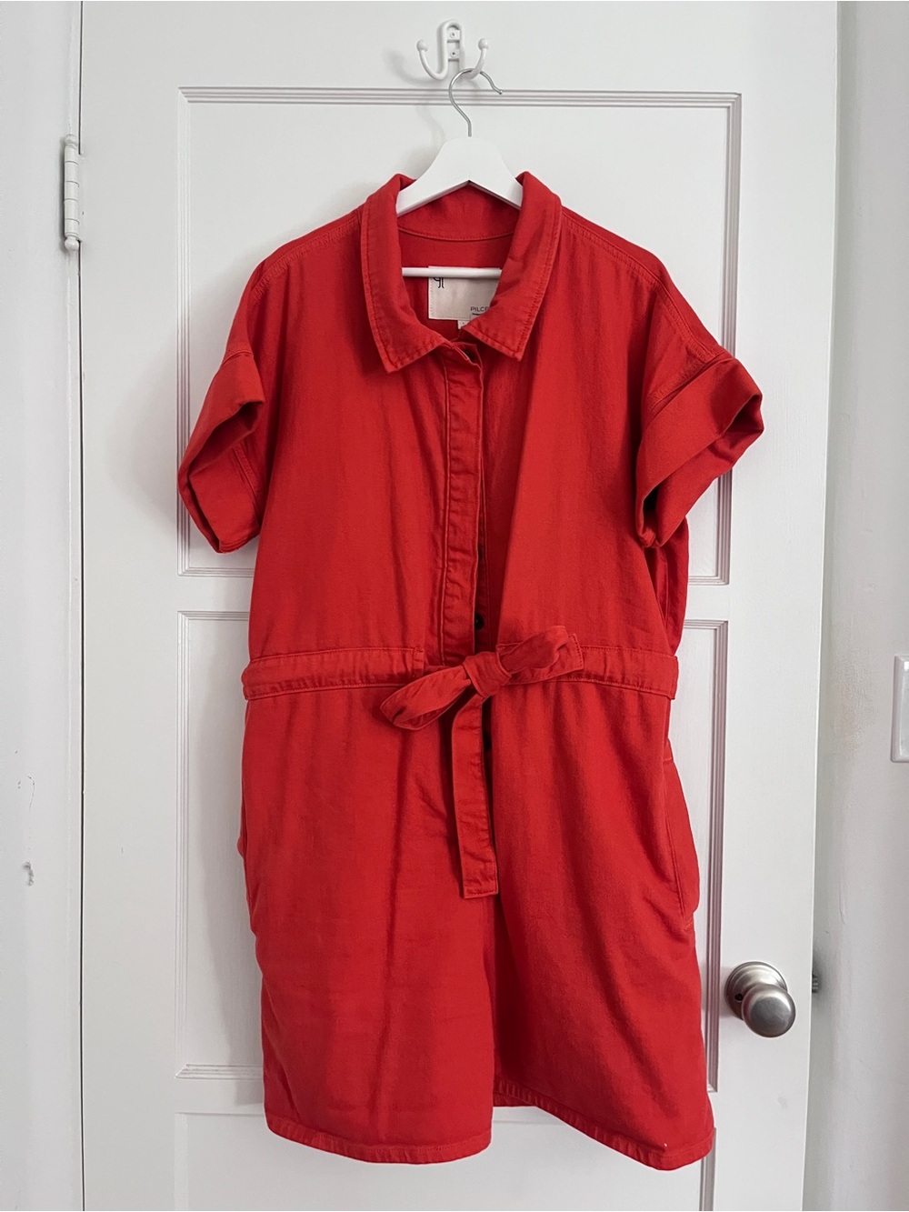 Anthropologie Red Short-Sleeve Tie-Waist Utility Jumpsuit